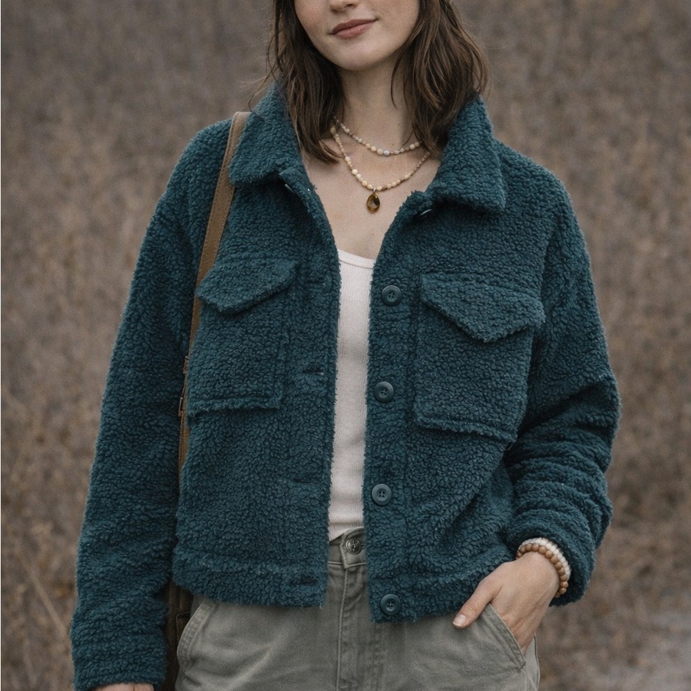 American Eagle Outfitters Deep Teal pine green earthy Teddy Jacket size XXS
